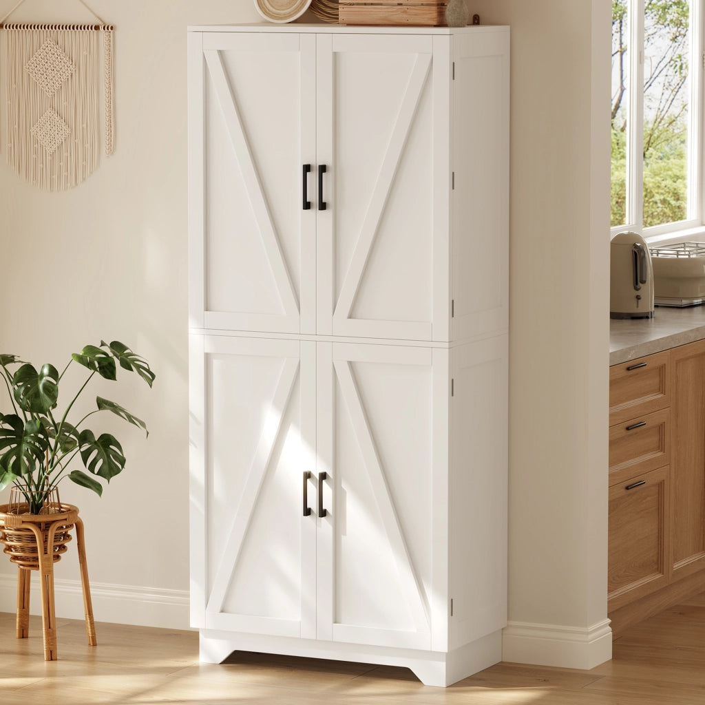 Mobile colonna da cucina con 4 ante; portabottiglie e ripiani sulle ante in MDF bianco e naturale 80 × 40 × 180 cm