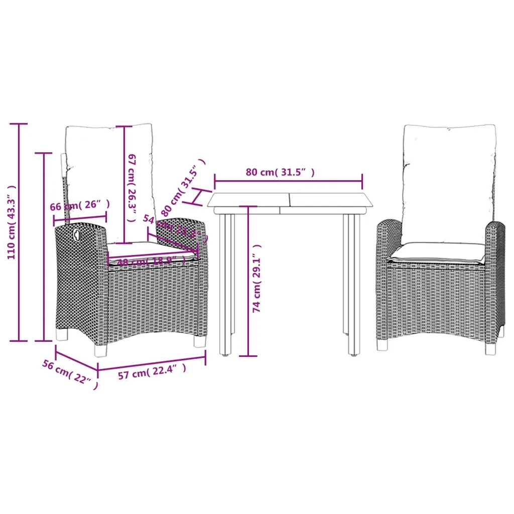 Set Pranzo da Giardino 3pz con Cuscini Grigio Chiaro Polyrattan 3212852