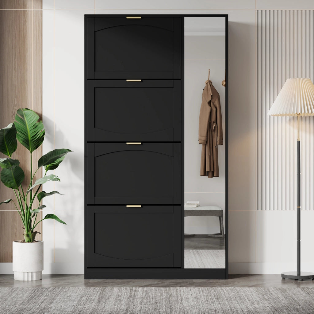 Scarpiera con specchio; 4 vani estraibili e ripiani regolabili; 147 ¡Á 80 ¡Á 24 cm; nera