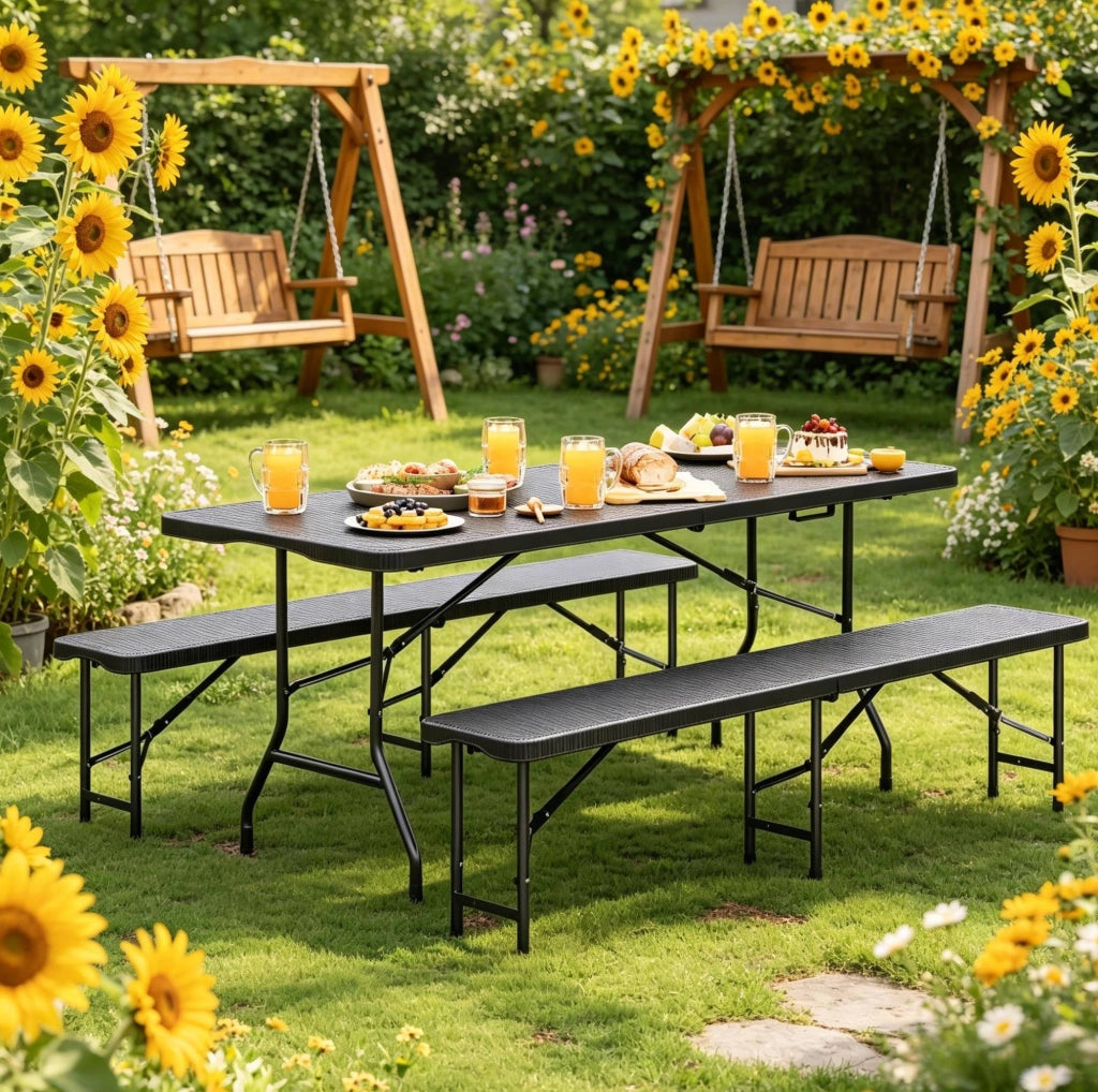 Set Mobili da Giardino Pieghevole per 8-10 Persone con Tavolo 180x74x70 cm e 2 Panche, Nero, Ideale per Esterno e Campeggio