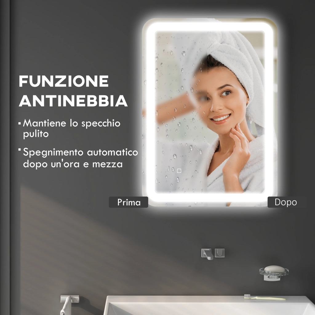 Specchio Bagno con Interruttore Touch, Luce LED a 3 Temperature e Antiappannamento, 70x50cm