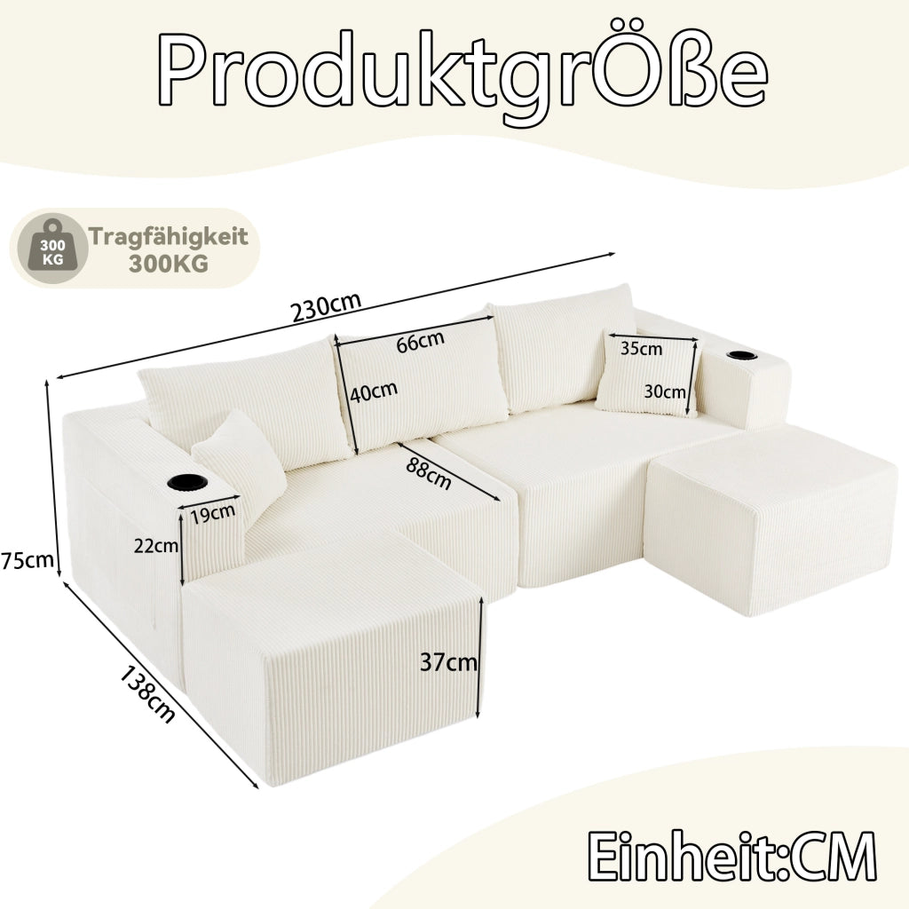 Divano ad angolo modulare 230x138x75 cm; 3 L - seater con pouf mobile; velluto a coste; porta tazze; tasca laterale e cuscini; beige