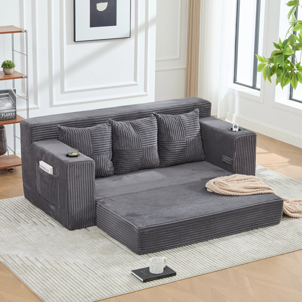 Divano modulare a 2 posti in velluto a coste grigio con portabevande e tasche laterali 64 × 172 × 87 cm