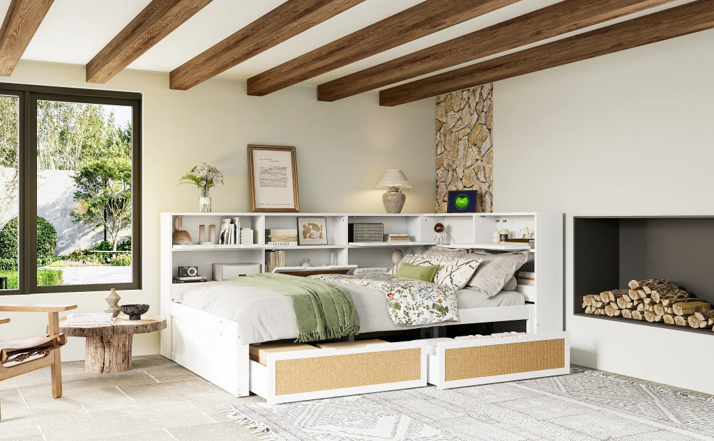 Letto matrimoniale multifunzione 140 × 200 cm in legno bianco con cassetti vani contenitore e porte USB integrate