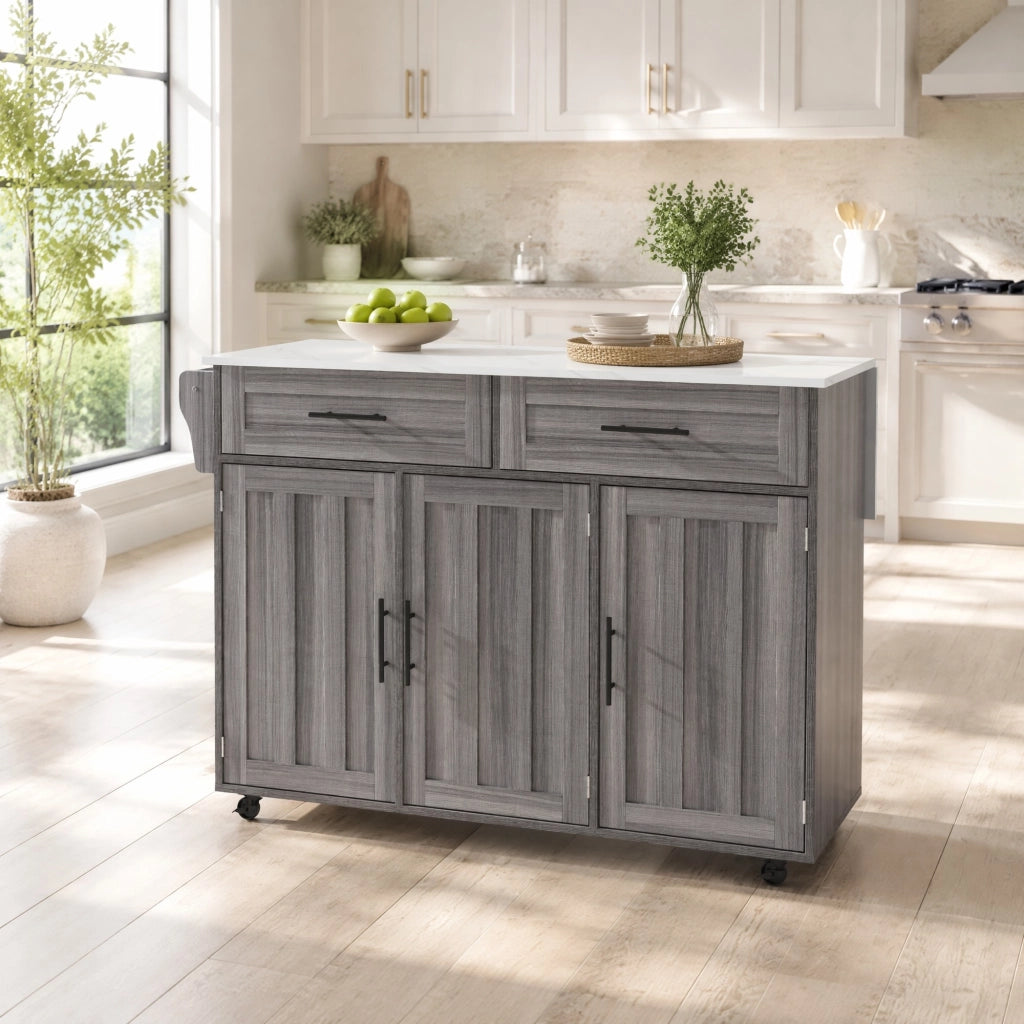 Carrello da cucina con piano estensibile; 2 cassetti; ripiani regolabili; ruote e gambe in legno
