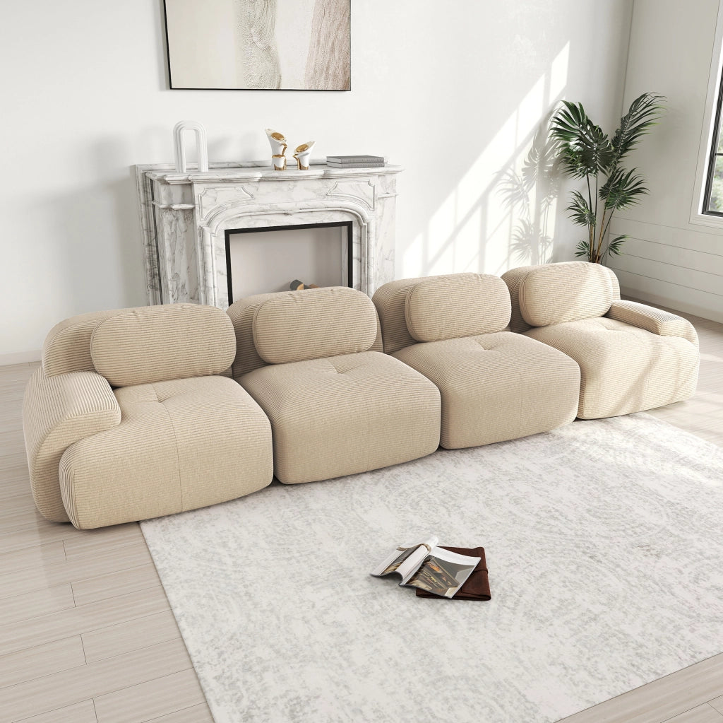 Divano modulare 4 posti 388x103x70 cm in tessuto a coste beige, per ambienti ampi –
