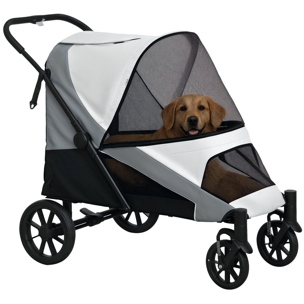 Passeggino per Cani Taglia Grande Pieghevole con Finestre a Rete, Cuscino e Guinzagli, 124x67x100 cm, Grigio