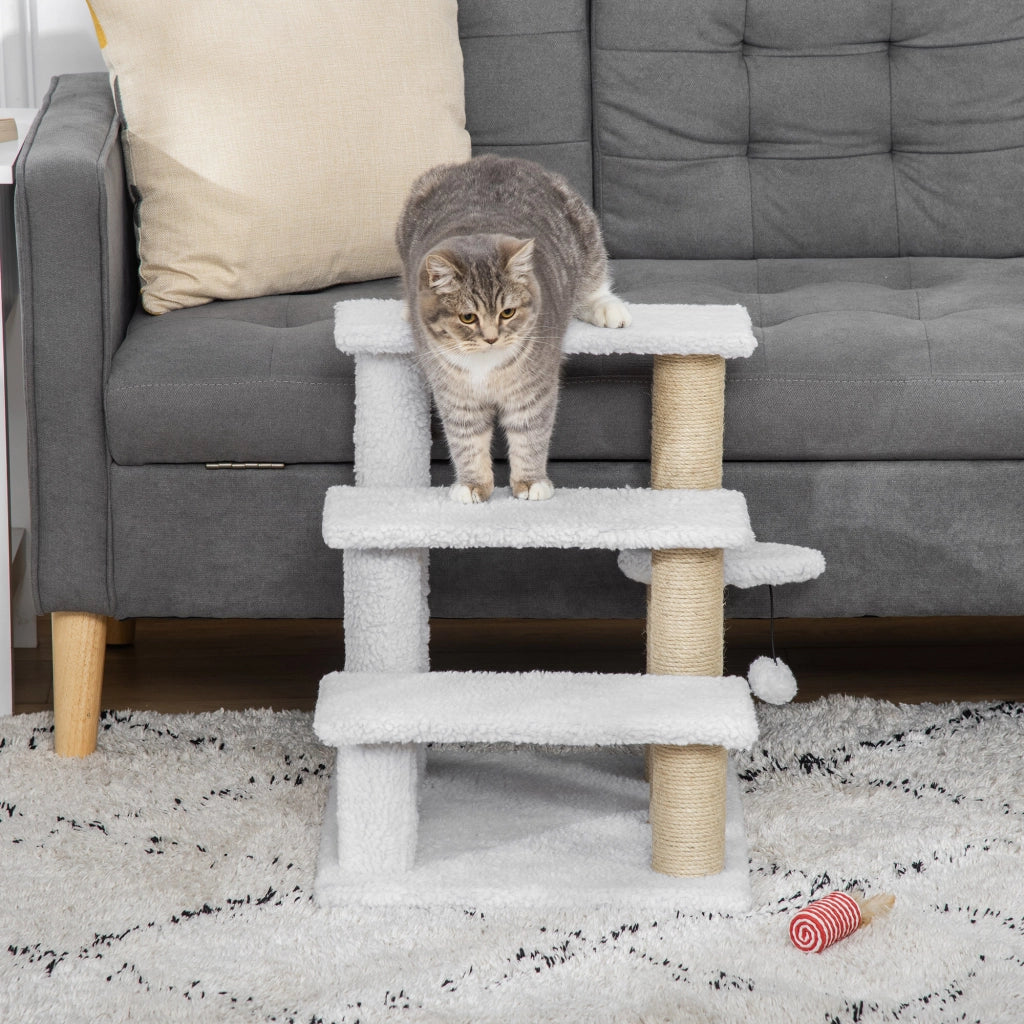 Scaletta per Gatti a 3 Gradini con Tiragraffi in Juta e Peluche; per Animali fino a 5 kg; Bianco; 45x40x48 cm