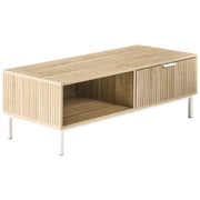 Tavolino da caffè in stile scandinavo Cassetto MDF Gambe in legno Scaffale Spazio di archiviazione Legno chiaro