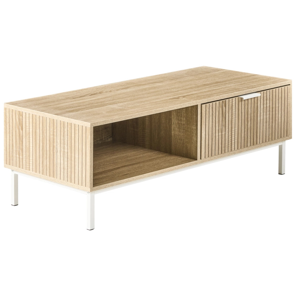 Tavolino da caffè in stile scandinavo Cassetto MDF Gambe in legno Scaffale Spazio di archiviazione Legno chiaro