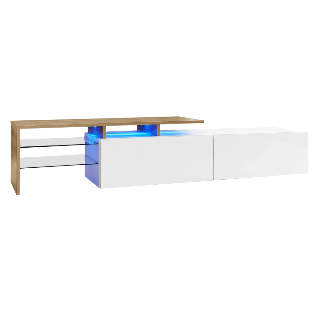 Mobile TV moderno 170 cm bianco e naturale con ripiani in vetro e LED a 16 colori