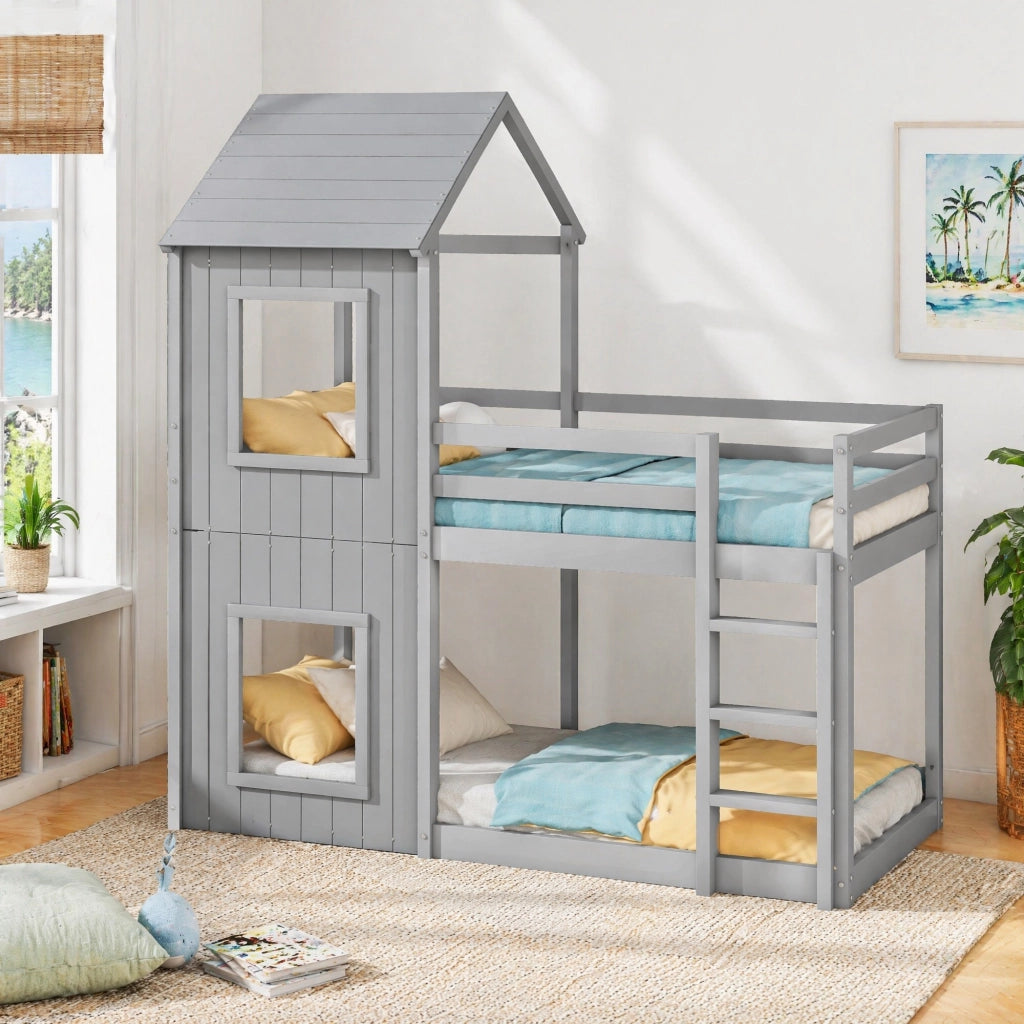 Letto a castello per bambini 90x200 cm in pino e MDF; grigio; con sponde di sicurezza