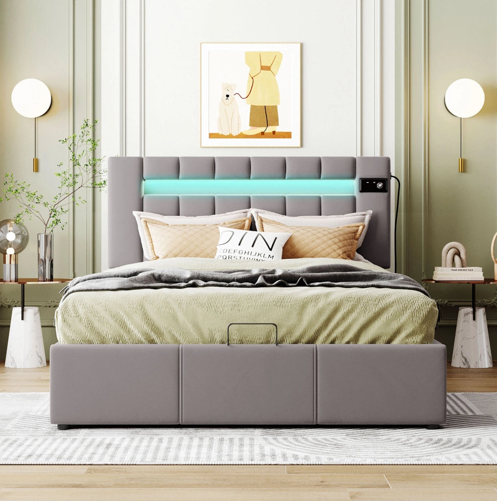 Letto imbottito grigio con LED, lettore Bluetooth, USB e contenitore idraulico