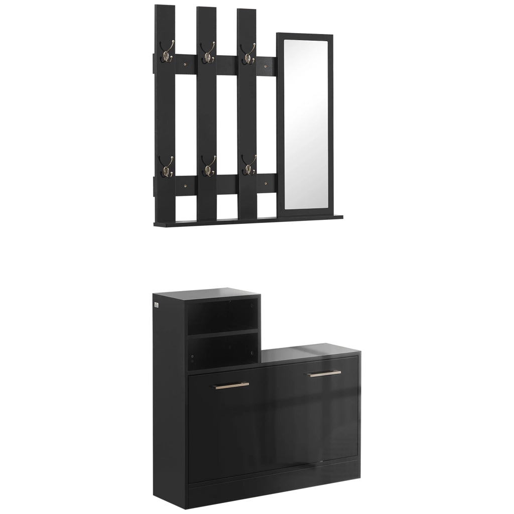 EasyComfort Set Appendi Abiti da Ingresso con Specchio e Scarpiera per 8 Paia di Scarpe, Nero Lucido