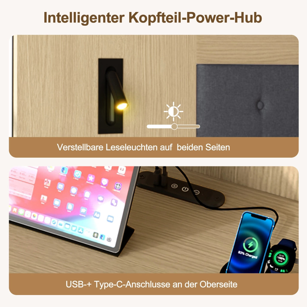 Letto contenitore 160 × 200 cm con comodini; vani aperti; luci orientabili; USB e Type-C in MDF rovere chiaro