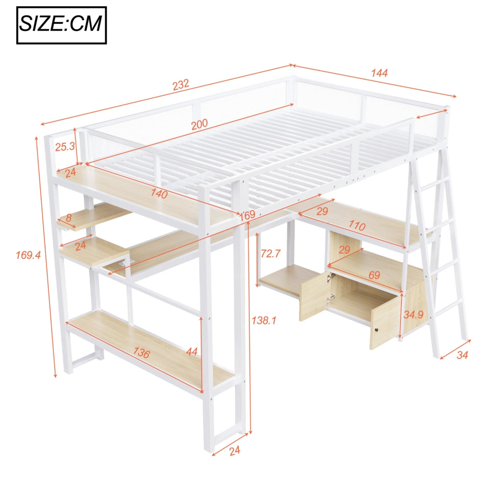 Letto a soppalco da gioco in metallo 140x200 cm con scrivania integrata, illuminazione LED e ampio spazio di archiviazione bianco