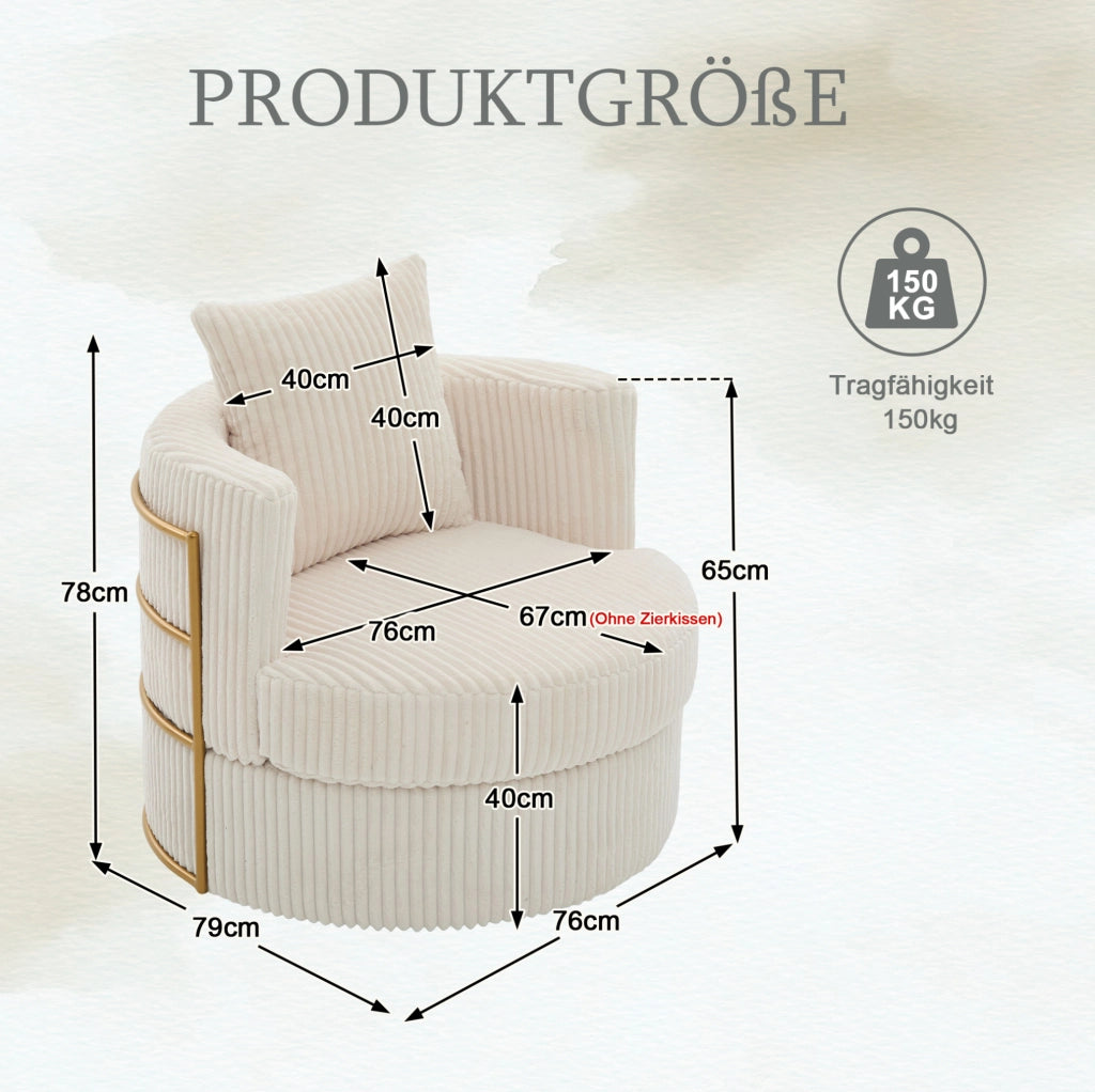 Poltrona girevole beige in velluto a coste con contenitore