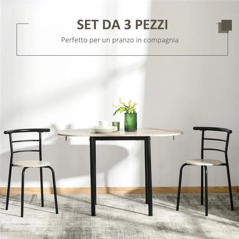 SET DA PRANZO 3 PEZZI CON 2 SEDIE E 1 TAVOLO DA PRANZO OVALE IN MDF E ACCIAIO