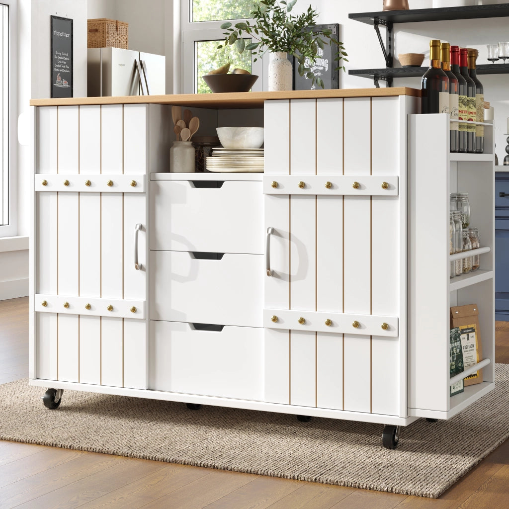 Carrello da cucina con piano pieghevole, 3 cassetti, ante scorrevoli e ripiani regolabili, bianco, 110 × 42 × 90 cm