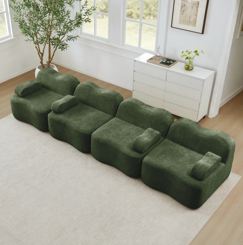 Divano modulare senza struttura interna in velluto verde con schiuma elastica 32D