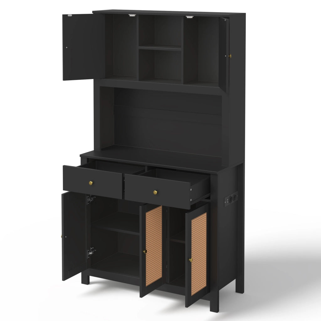 Mobile Dispensa 100x40x180 cm Nero con LED RGB App, 5 Ante Rattan, 2 Cassetti, 2 Prese e 2 USB