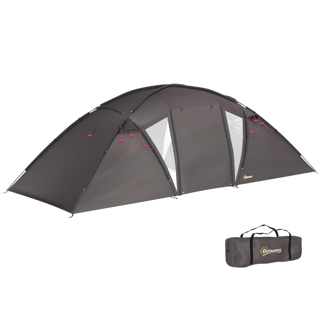 Tenda da Campeggio Familiare a Tunnel per 4-6 Persone in Poliestere Nero, Impermeabile 3000 mm con 2 Porte e Borsa di Trasporto