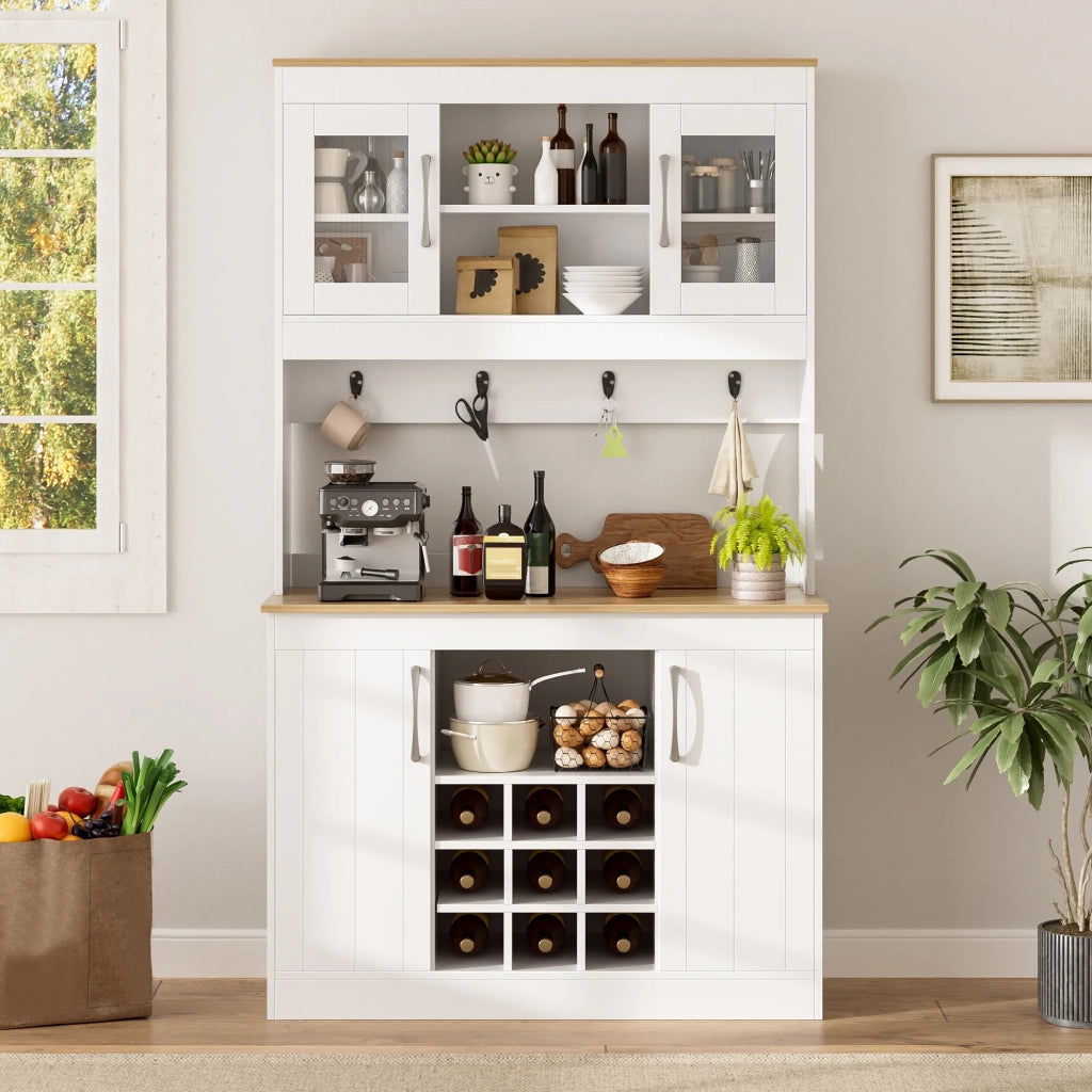 Credenza da cucina con vetrina 175 cm, mobile porta piatti con ripiano vini e appendiabiti, per cucina, sala da pranzo e soggiorno
