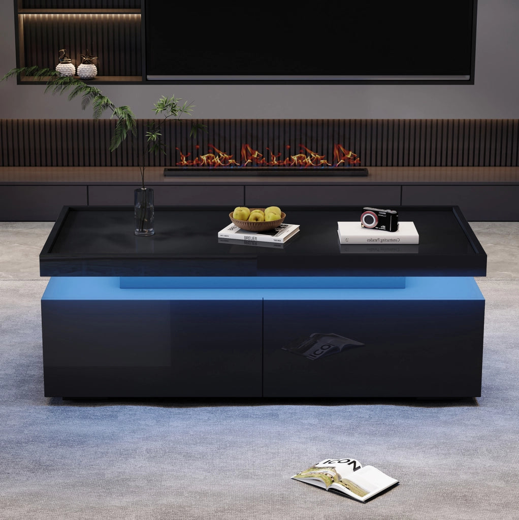 Tavolino da salotto nero lucido con LED e 2 cassetti