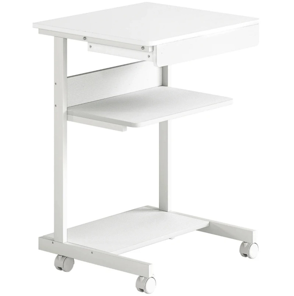 Scrivania per computer bianca 56x51x79 cm con cassetto, ripiano, supporto CPU e ruote per ufficio e home office