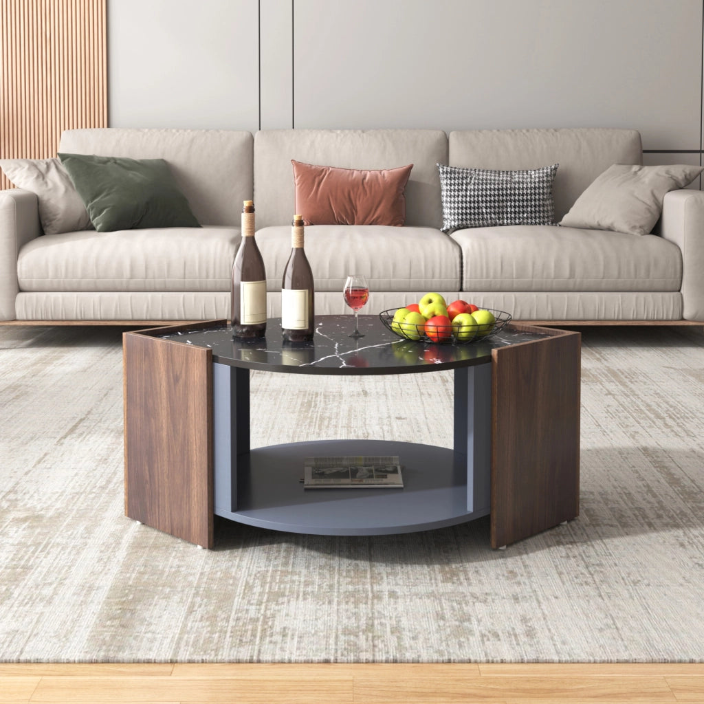 Tavolino da soggiorno con vano contenitore 96;5x63x40 cm; effetto marmo nero e noce