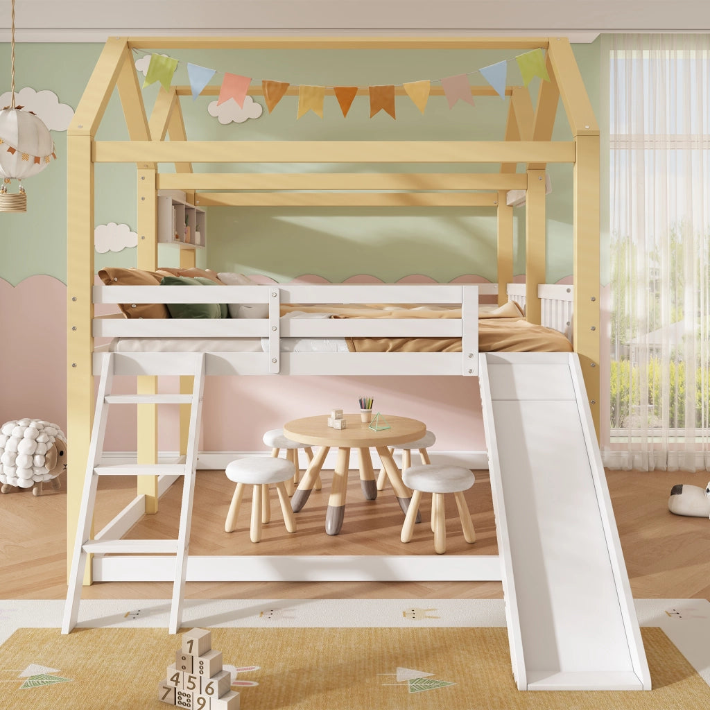 Letto a soppalco per bambini 90 × 200 cm con scivolo e scala reversibili in legno bianco e naturale