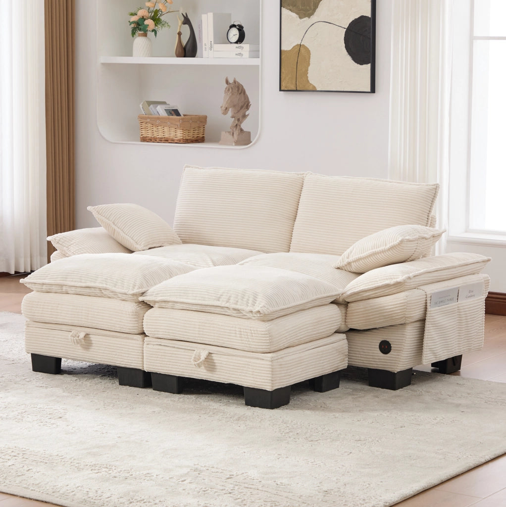 Divano modulare 2 posti 190x132x84 cm in velluto a coste beige con USB-C