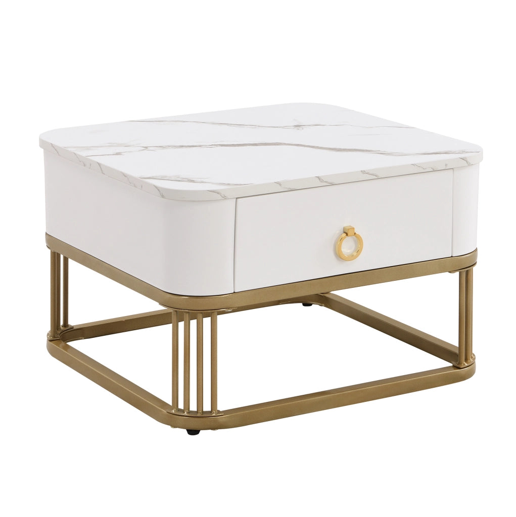 Set di Tavolini Impilabili con Aspetto Marmo Lucido e Accenti Dorati, Tavolino con Cassetto, Bianco e Oro