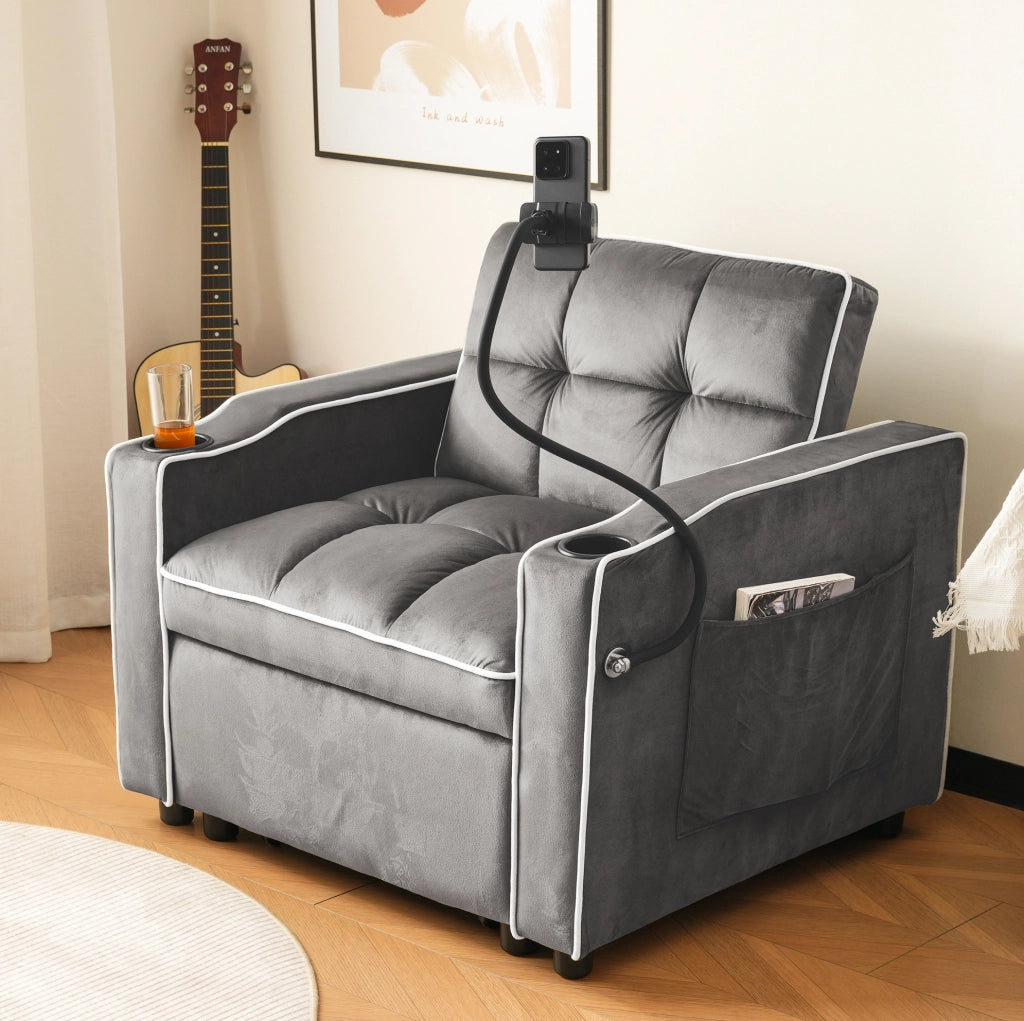 Poltrona letto estraibile 3 in 1 in velluto grigio scuro con schienale regolabile