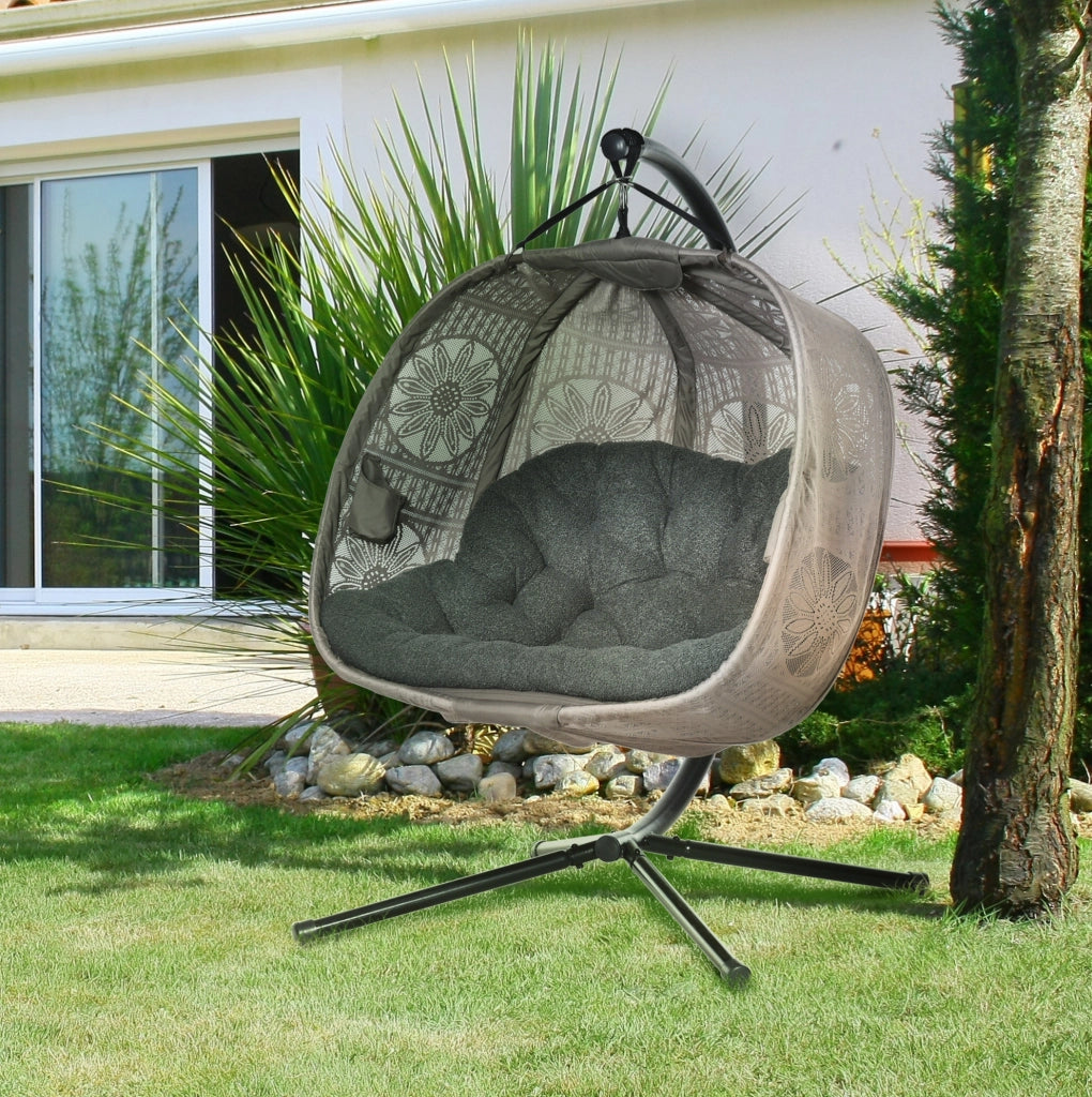 Poltrona sospesa 2 posti pieghevole con supporto in acciaio e cuscino; sabbia 132x126x172 cm