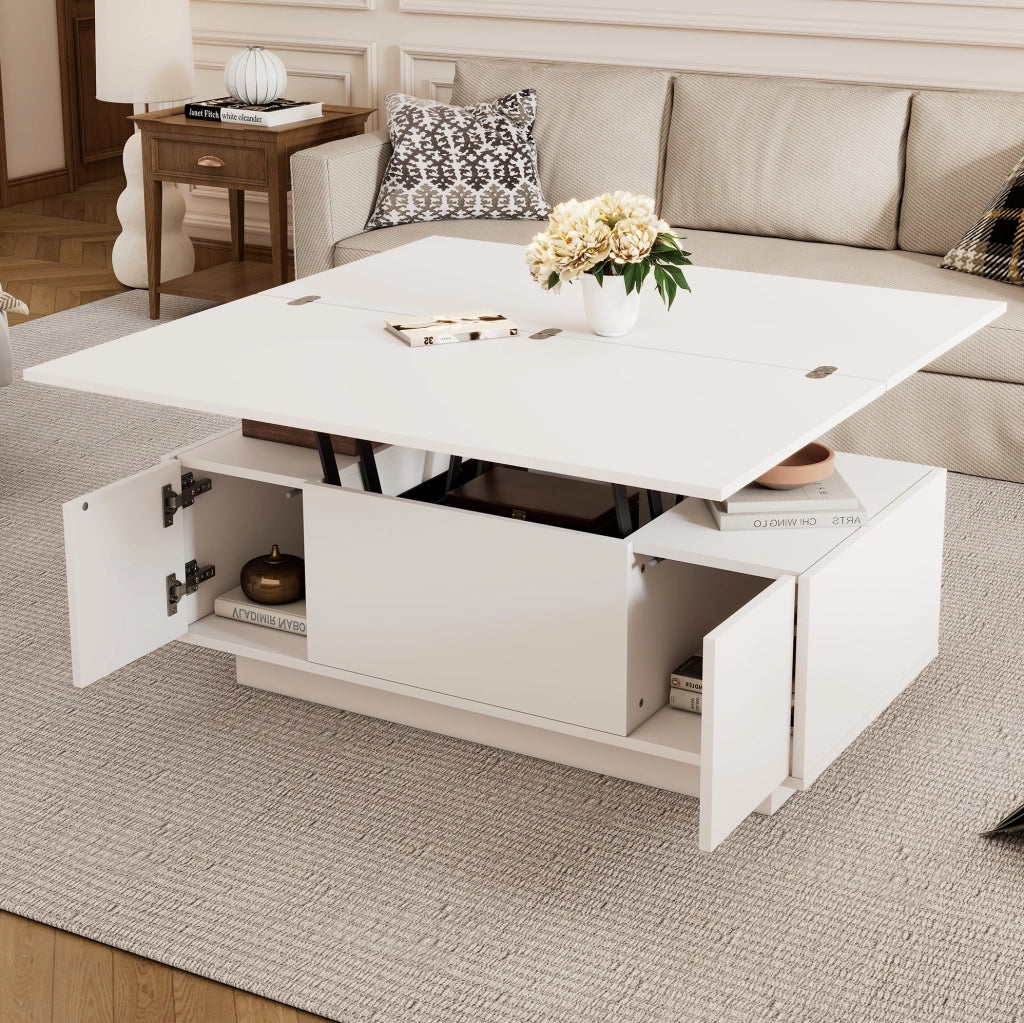 Tavolino da salotto con doppio piano sollevabile e vano contenitore; 100 x 50 x 43 cm; bianco
