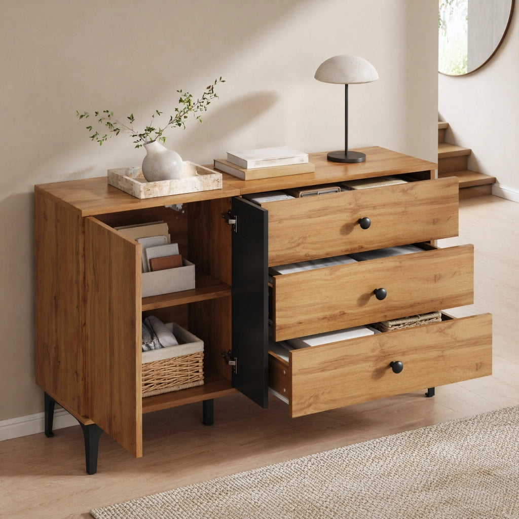 MADIA con 1 anta e 3 cassetti 120x35x76 cm nero e naturale