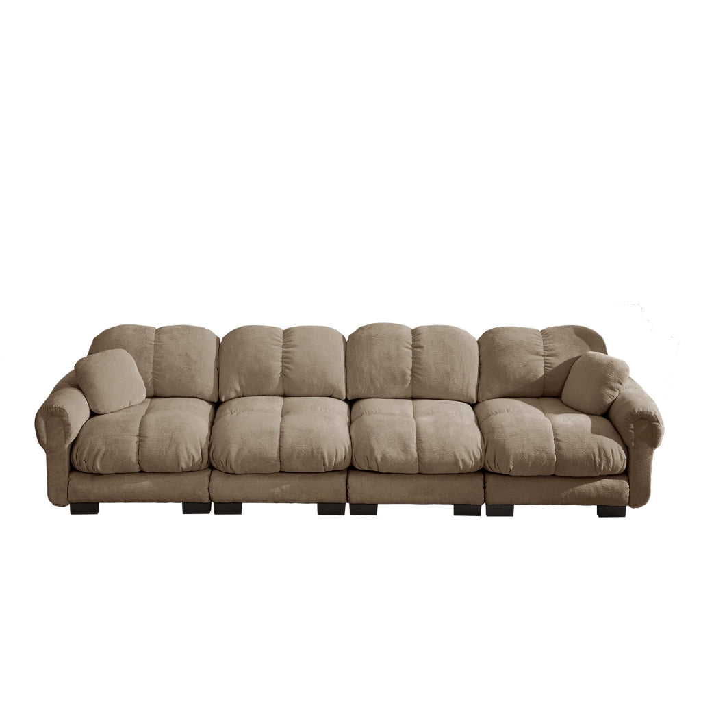 Divano modulare 330x86x90 cm con cuscini trapuntati e schienale curvo in ciniglia marrone