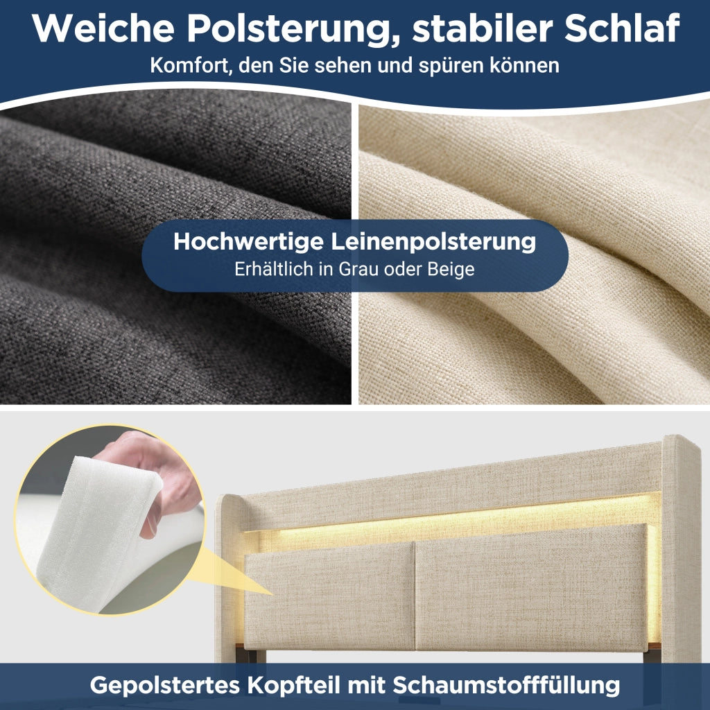 Letto contenitore 180 × 200 cm con testiera portaoggetti LED USB e USB-C in lino beige