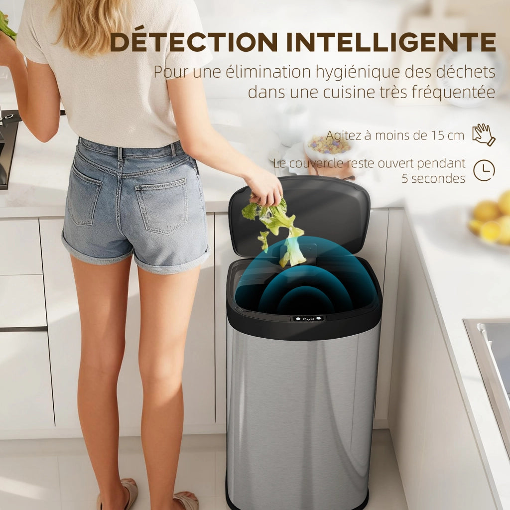 Pattumiera automatica da cucina 55L in acciaio inox, cestino con chiusura ammortizzata, 38x28,5x69cm, argento