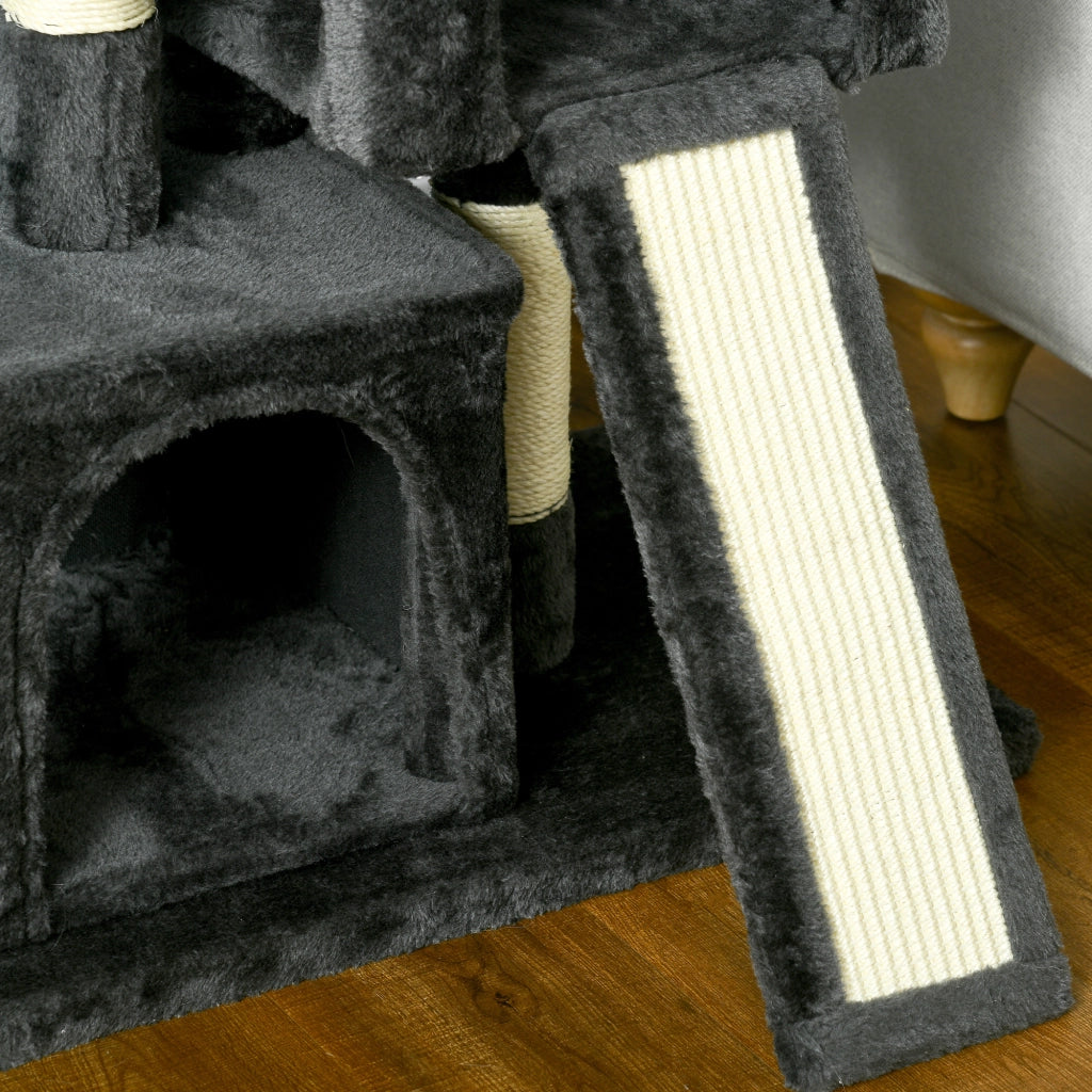Tiragraffi angolare per gatti con colonna in sisal e tavoletta tiragraffi piattaforme e cucce grigio scuro 59 × 39 × 83 cm