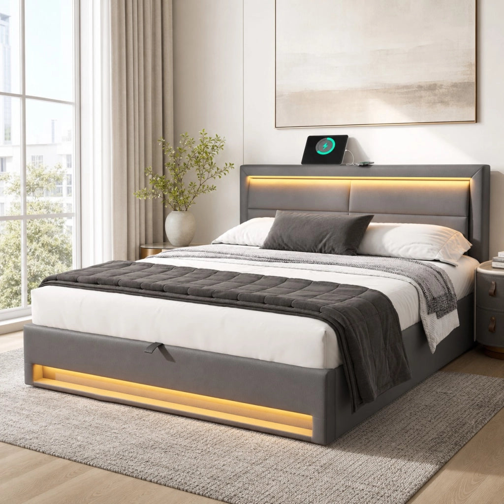 Letto imbottito 140x200 cm con USB; LED e contenitore; PU; grigio