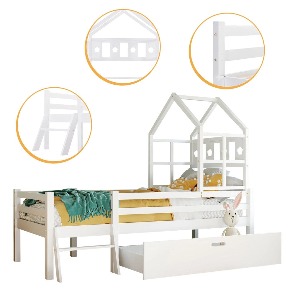 Letto a Soppalco Bambini in Legno Massello con Scala e Cassetti ¨C Xylo ¨C Bianco 90x200