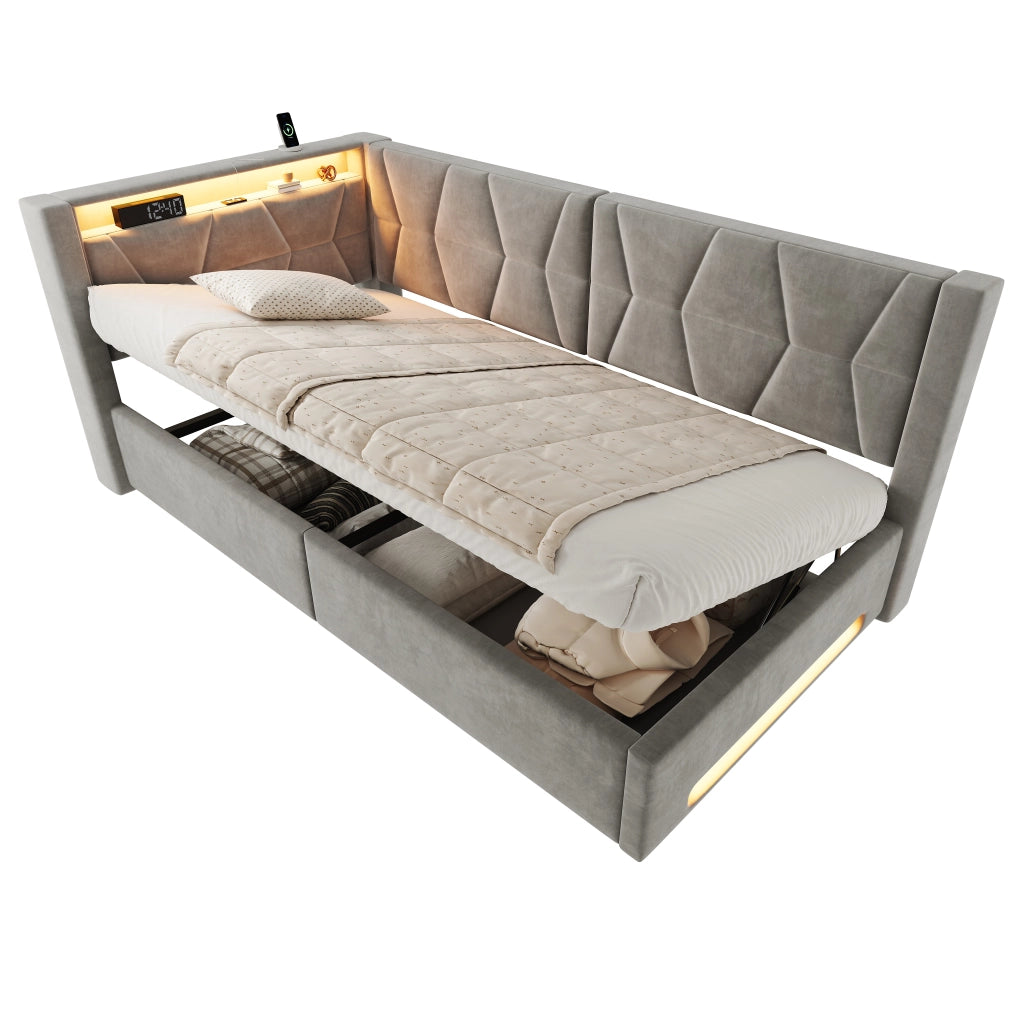 Letto singolo con contenitore 90 × 200 cm imbottito in velluto con LED USB Type-C e rete a doghe inclusa