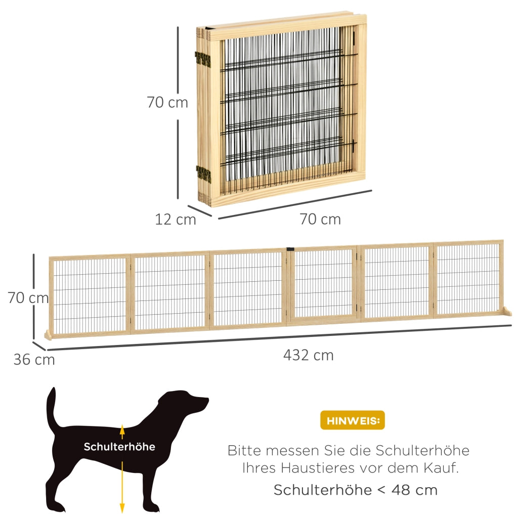 Cancelletto pieghevole per cani in legno di pino e acciaio con piedi di supporto naturale 432 × 36 × 70 cm