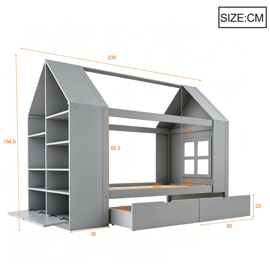 Letto per bambini 90x200 cm, design a forma di casa, con due cassetti, con LED, con contenitore, letto multifunzione per bambini e ragazzi, Grigio