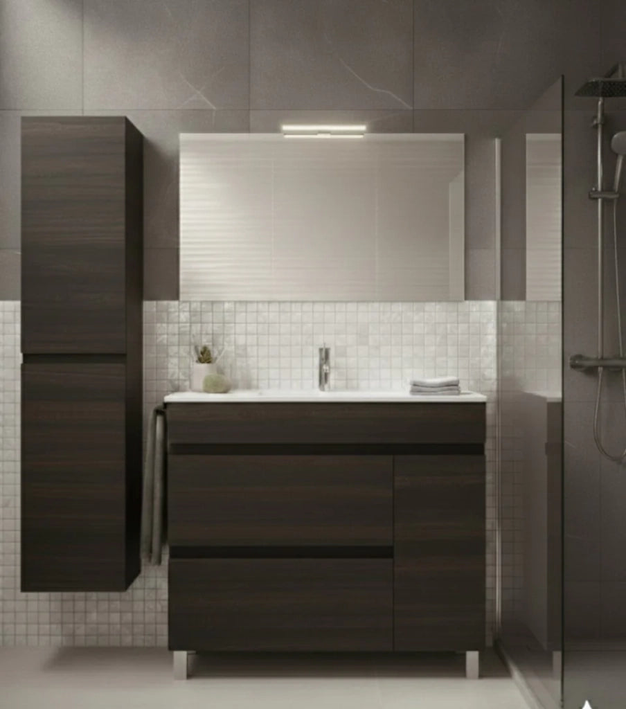 Mobile Bagno FENRIR Già Montato 2 cassetti e porta con piedini, lavabo e specchio Frassino tea 90x40 cm con colonna