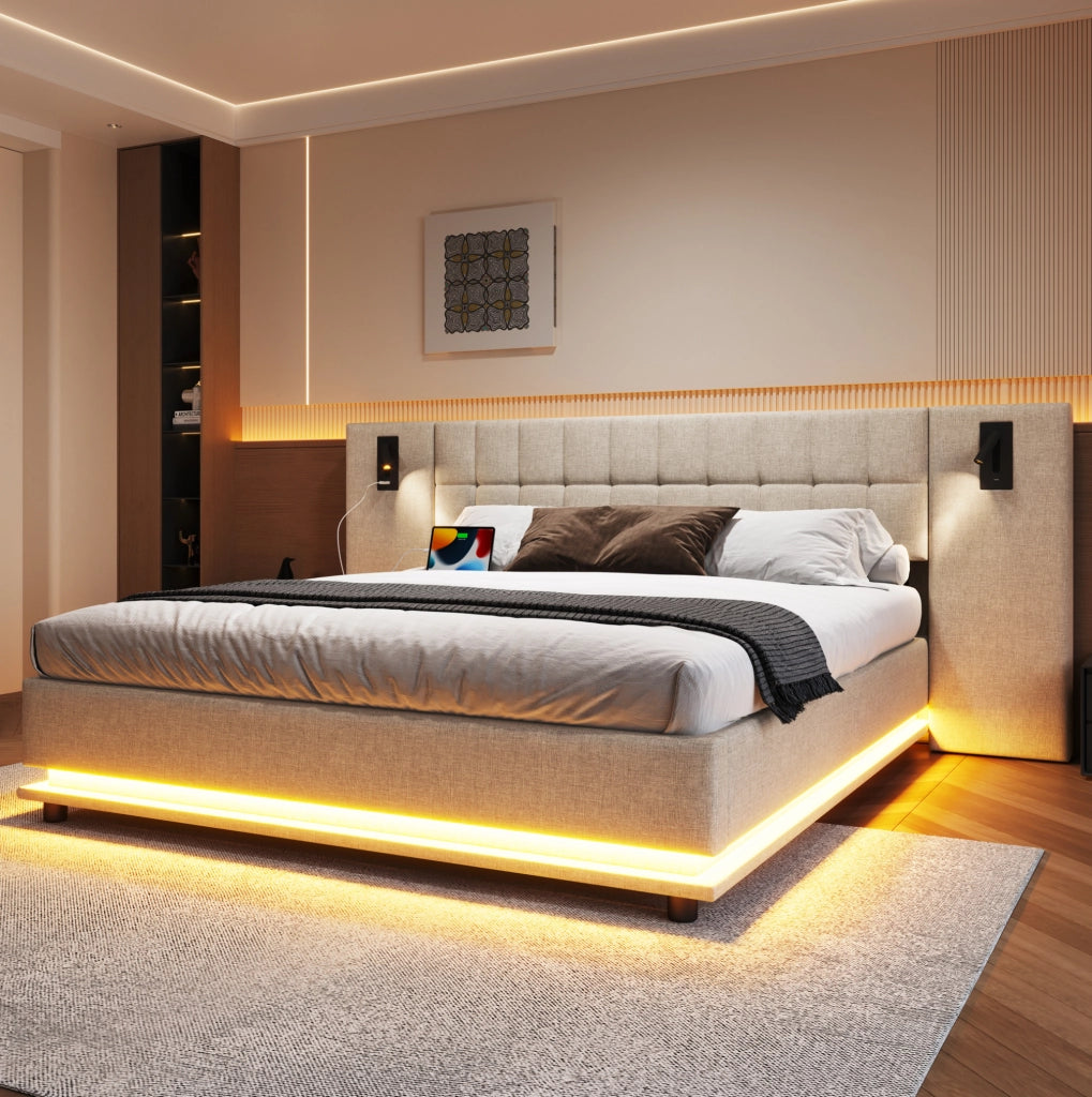 LETTO imbottito 180x200 cm Beige in lino con LED, USB e spot