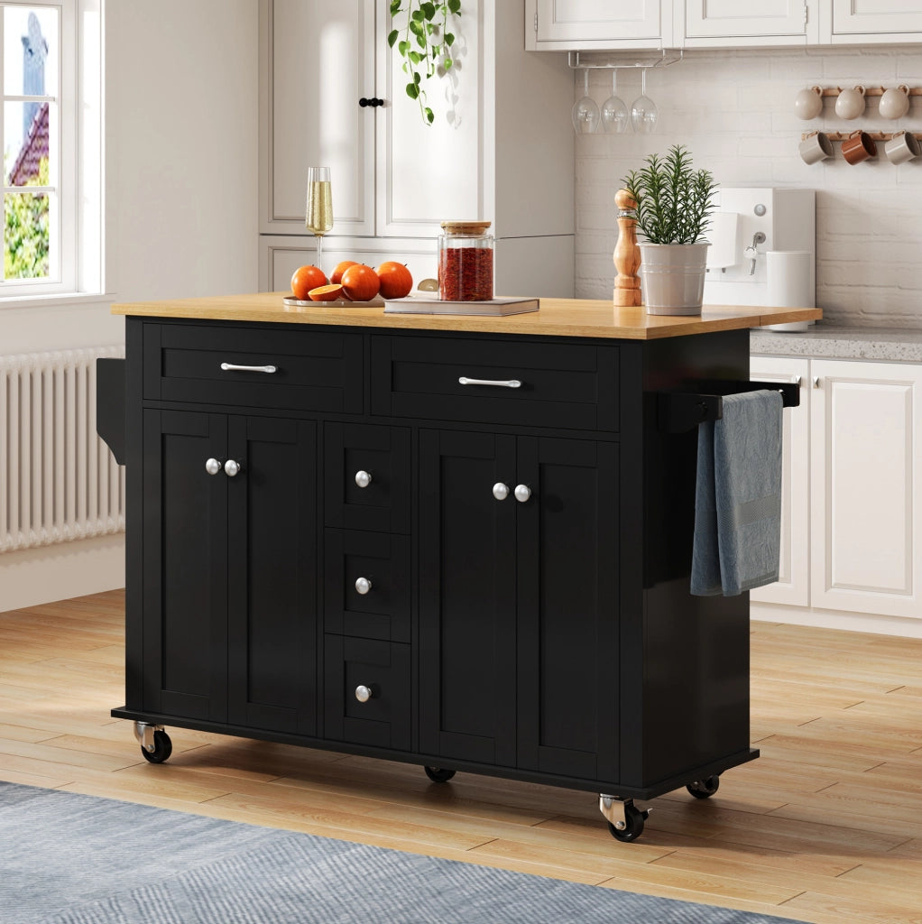 Carrello da cucina ULEVR 140x40(65)x89 cm con piano pieghevole, 5 cassetti e 2 armadietti, nero e naturale