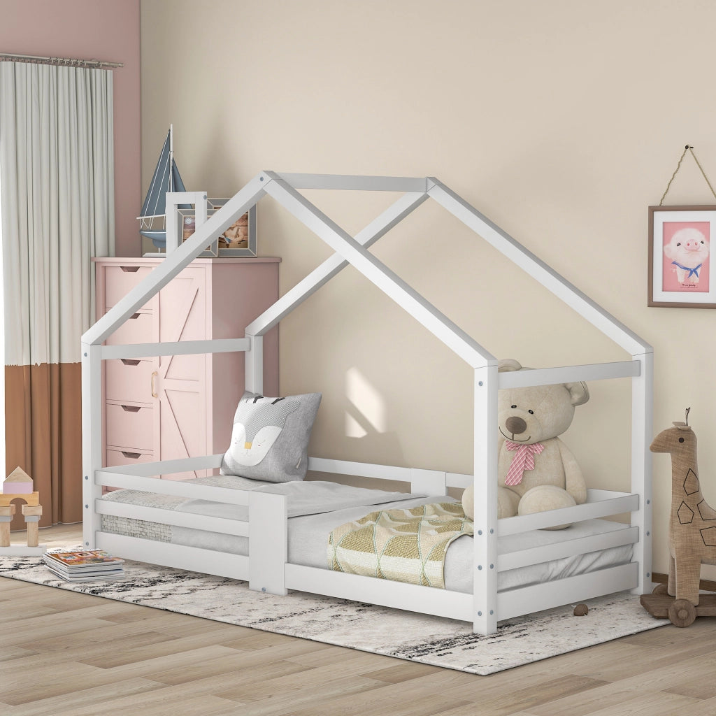 Letto a casetta per bambini 90 x 200 cm con sponde di sicurezza e rete a doghe, struttura in pino massello bianco, materasso non incluso